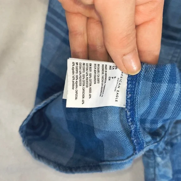 American Eagle Hooded Plaid Flannel Shirt SP Blue Button Up Hoodie Top - Picture 13 of 16